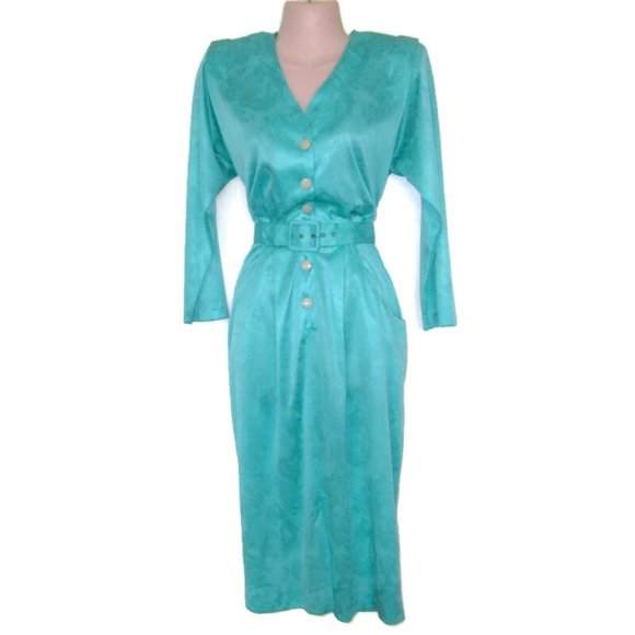 1980s vintage blue green midi belt dress size extra small xs - Picture 2 of 6